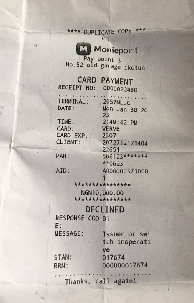 Receipt showing the Janauary 30 transaction declined from Union Bank Account
