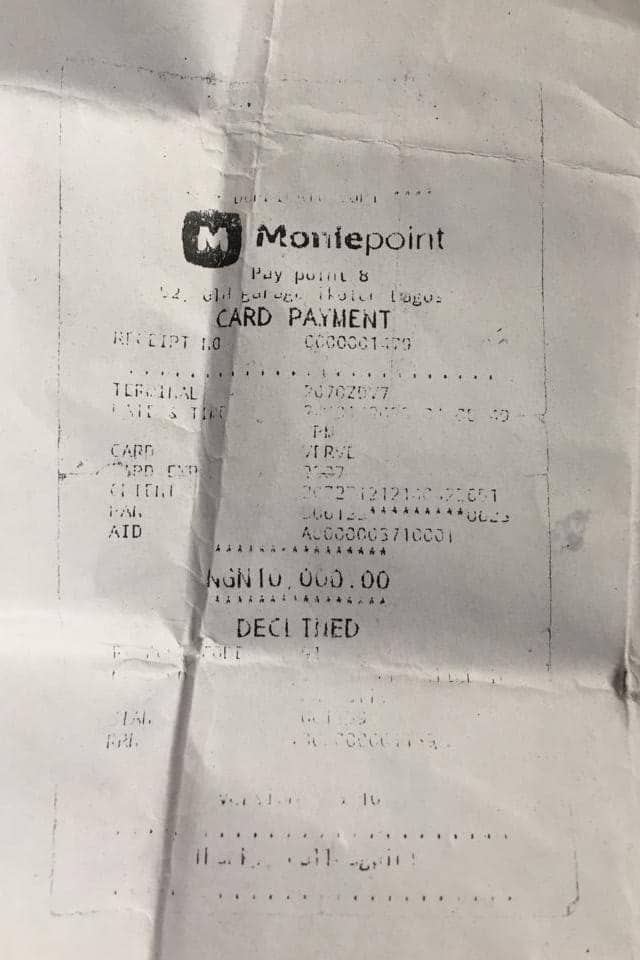 Receipt showing the January 24 transaction declined from Union Bank Account