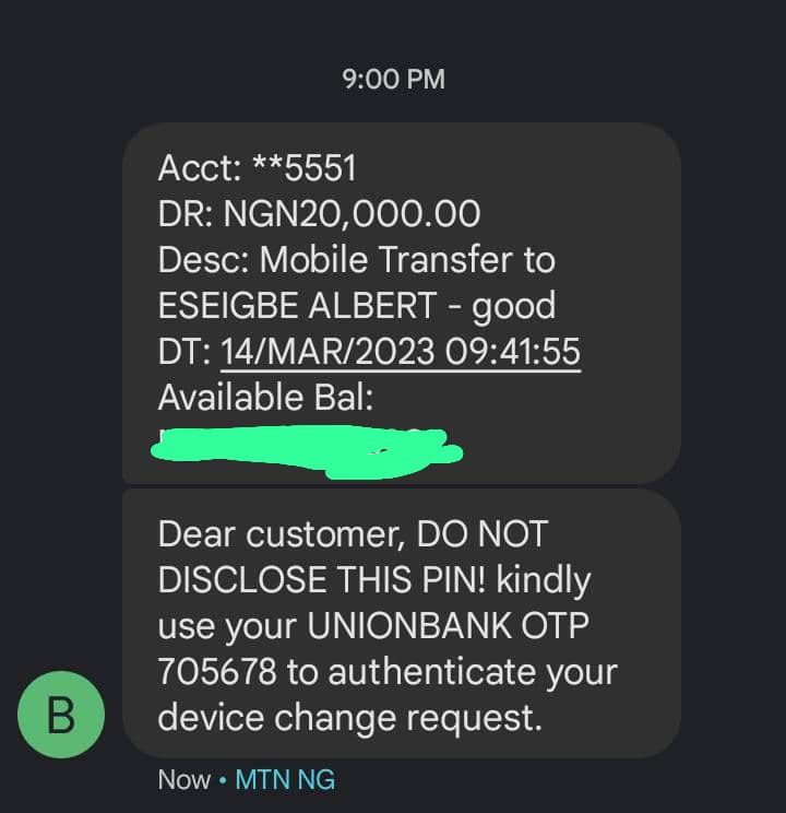 The debit and OTP notifications Adelabu received from Union Bank