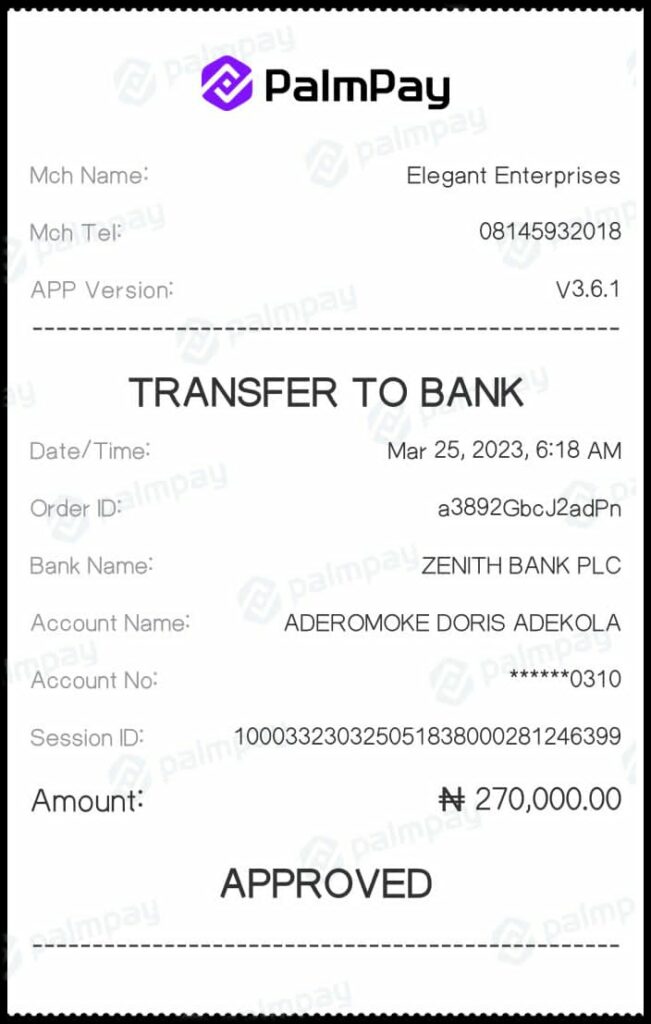Ajibade's first payment to the alfa