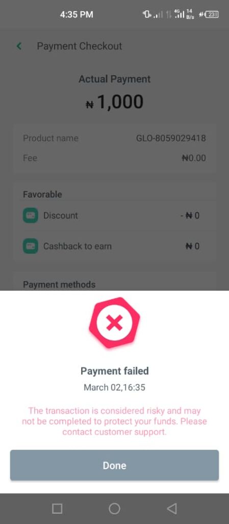 Failed airtime payment