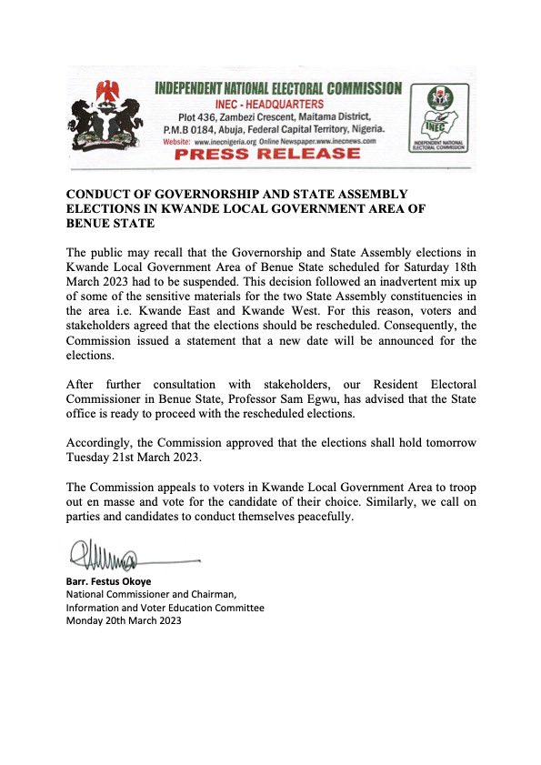 INEC statement affirming rescheduled election