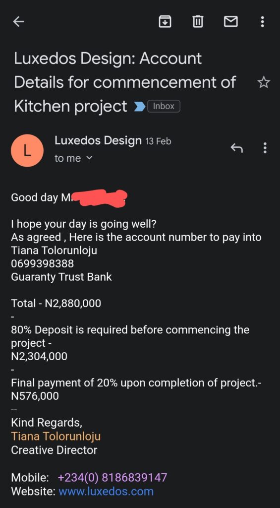 An email containing the payment agreement between Luxedos and Alaigbe