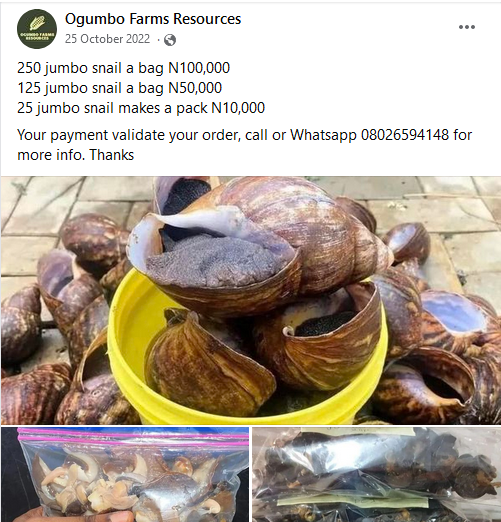 Screenshot of a post on Ogumbo farms Facebook page advertising snails.
