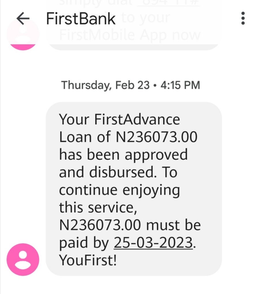 Screenshot of the loan received