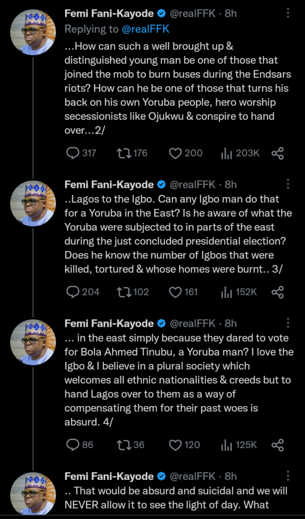 Femi Fani Kayode claimed that Rhodes-Vivour had lost his 'control of his senses' and 'wanted to 'hand Lagos over to Igbos'. 