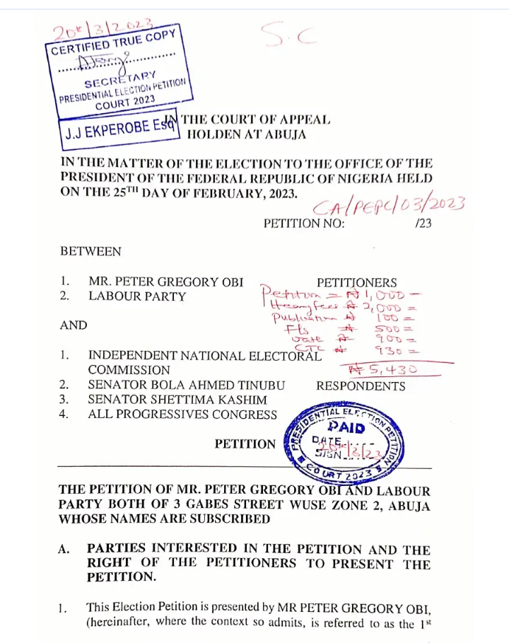 Copy of Peter Obi's petition to court