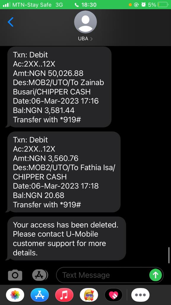 Adekale's debit alert messages from UBA