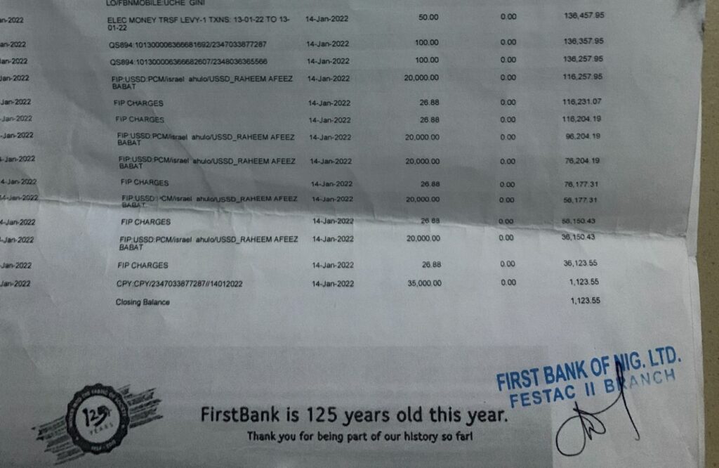 First Bank's statement of account 