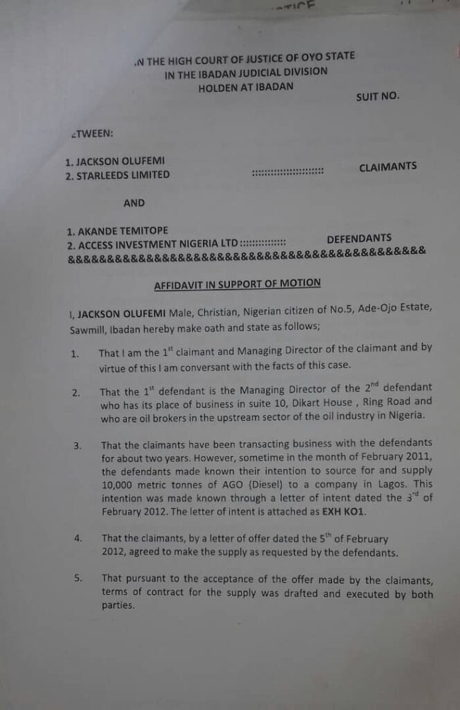 Jackson Olufemi's affidavit in support of motion