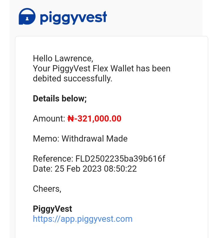 One of the unauthorized debit alerts from Piggyve
