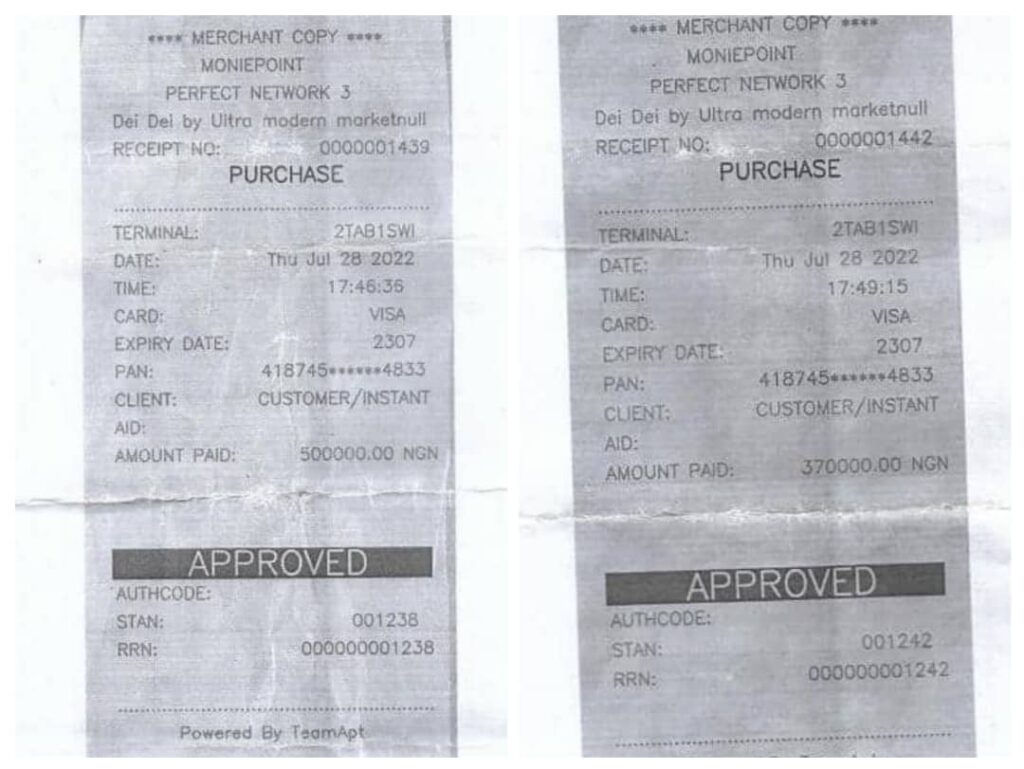 Receipts of the debit showing Moniepoint 