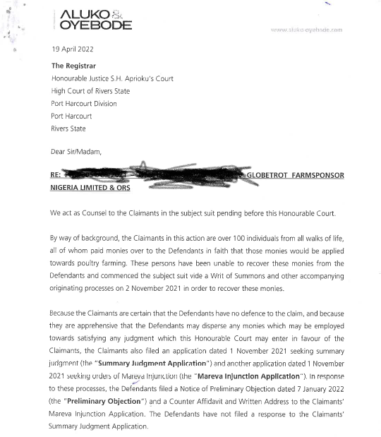Letter from lawyer to Farmsponsor