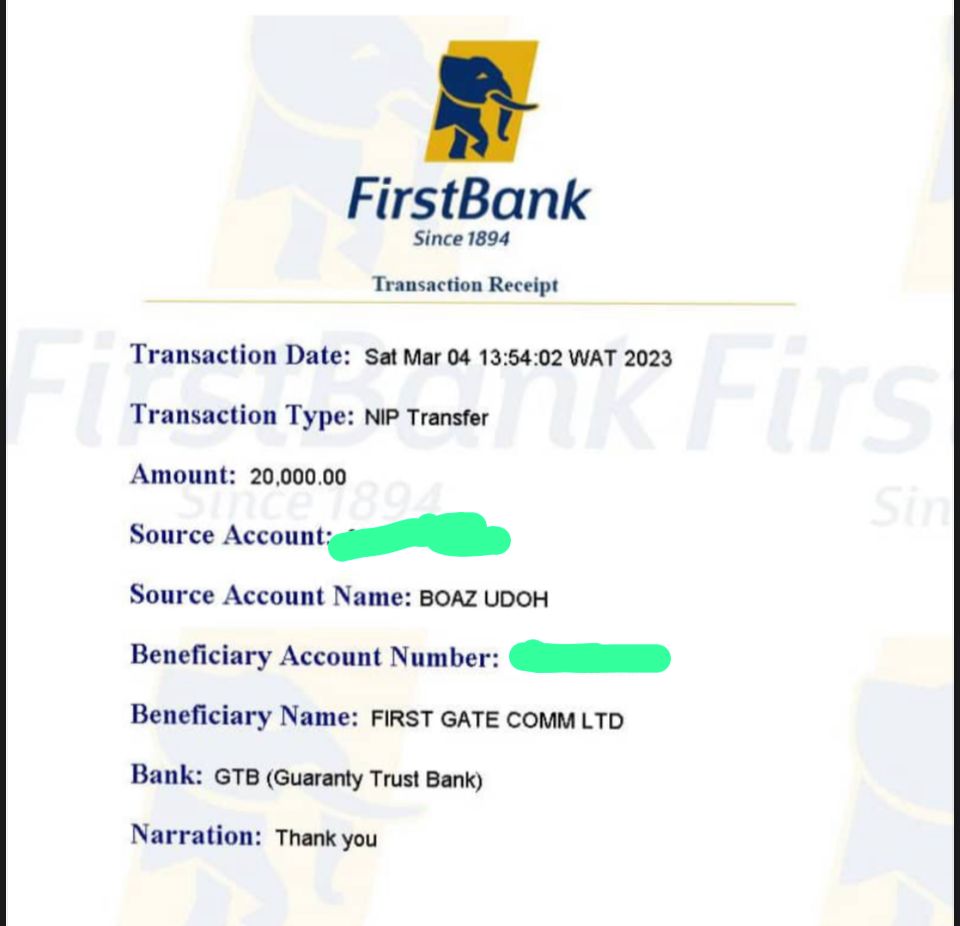 Payment receipt of N20,000 from Boaz to First Gate Comm Ltd