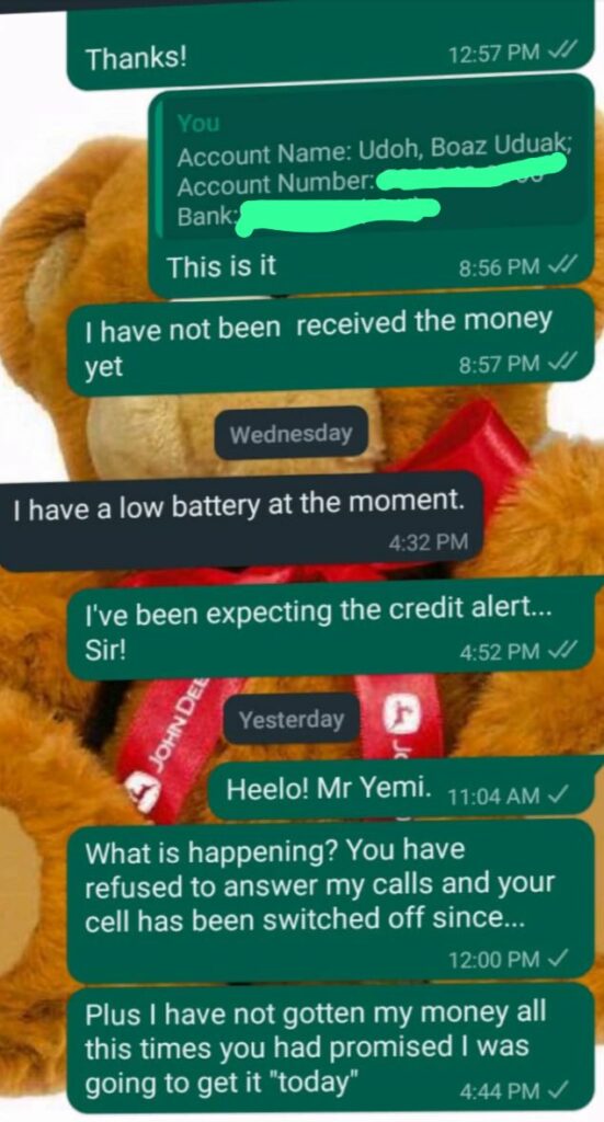 WhatsApp chat between Yemi and Boaz