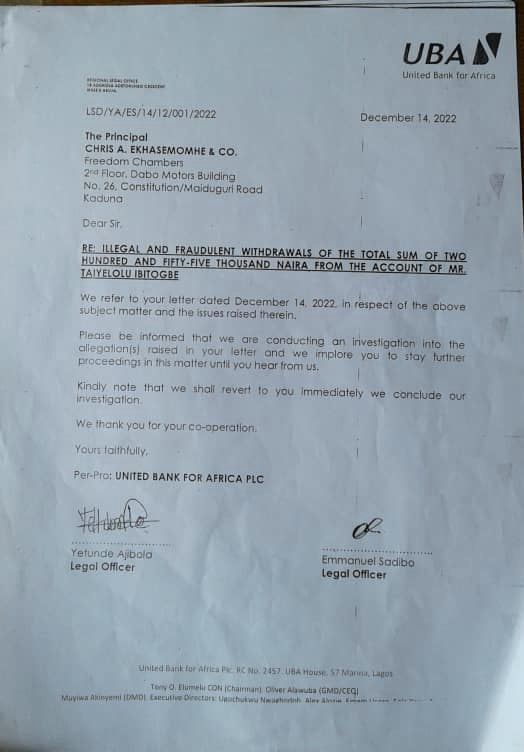 UBA's response to letter sent by customer's solicitor.