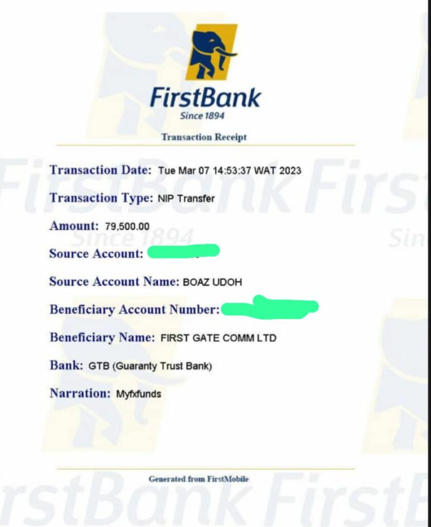 Payment receipt of N79,500 from Boaz to First Gate Comm Ltd