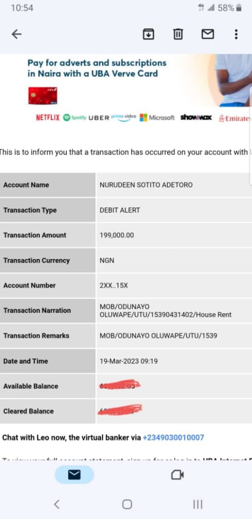 The debit alert received by UBA customer