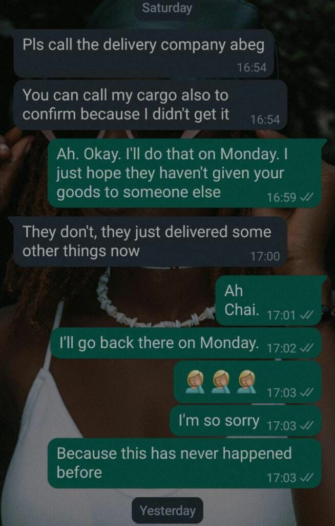 Conversation between Akanke and her client on WhatsApp