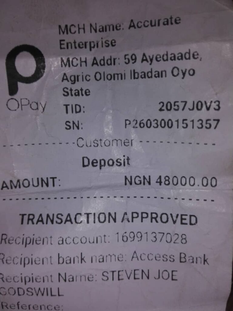 Receipt of first transfer made by the PoS operator 