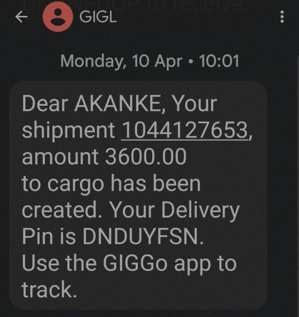 
Delivery transaction receipt from GIG to Akanke
