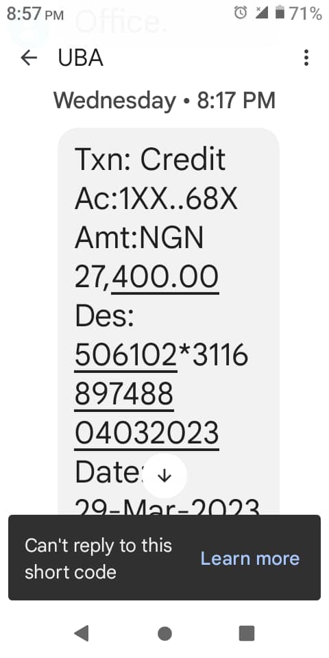 Screenshot showing the refunded amount from UBA.