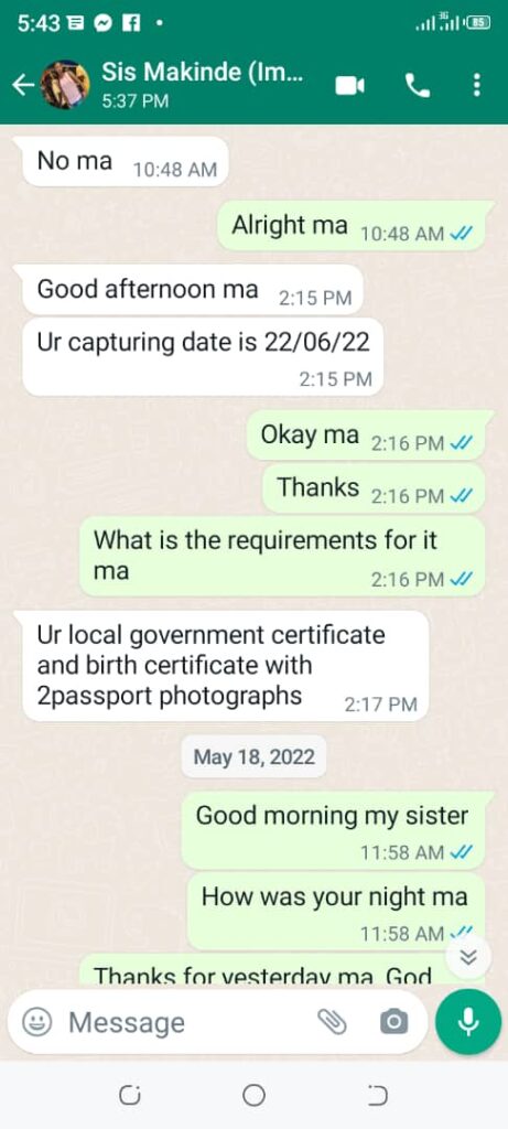 WhatsApp conversation between retiree and the passport officer