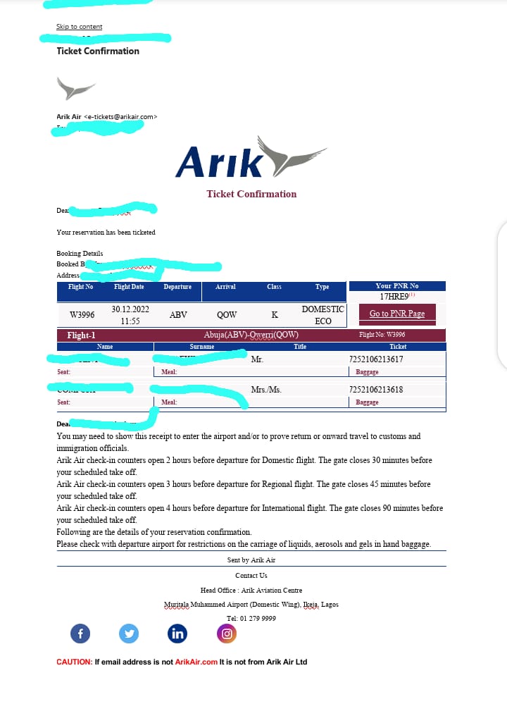 Arik Air flight ticket confirmation