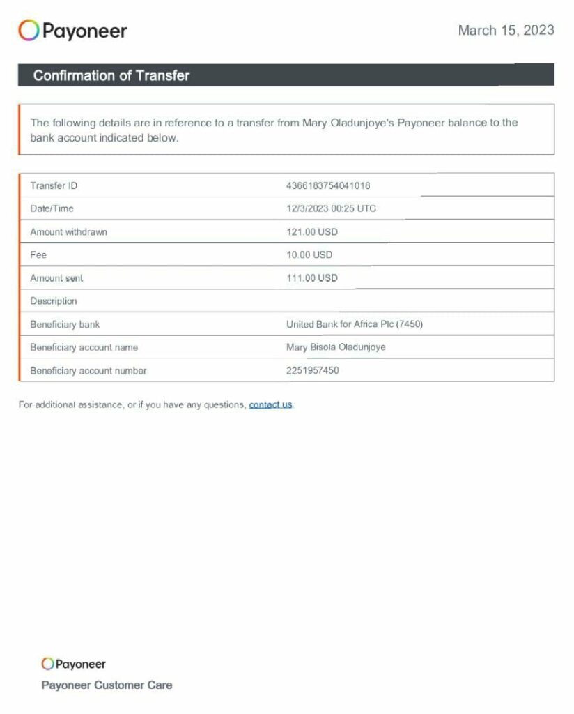 Payoneer's confirmation of payment transaction to Oladunjoye's UBA accounts 
