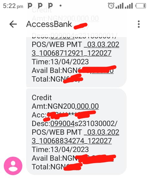 Alert showing refund from Access bank