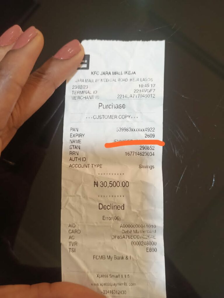 
Receipt from KFC showing Akinlana's transaction was declined