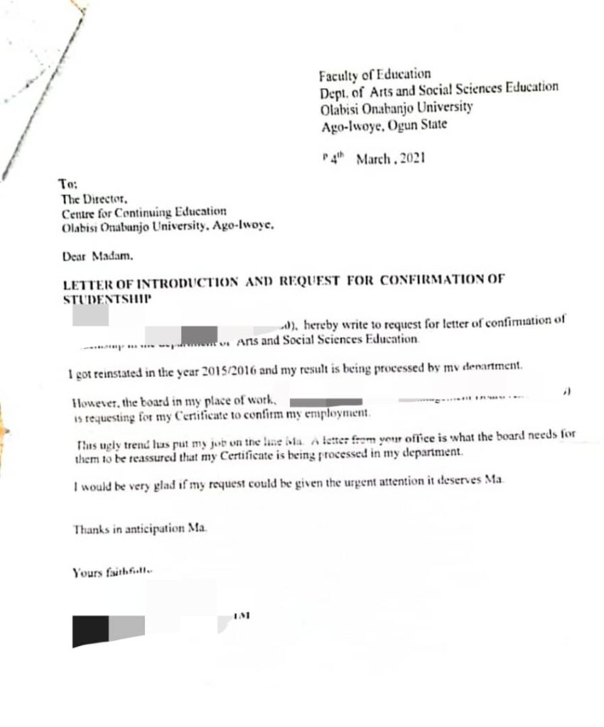 Akintoye's letter to the Director of his programme.