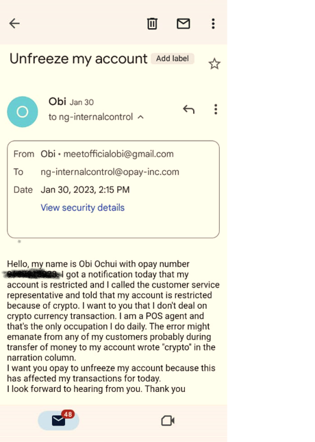Obi's email to Opay requesting his account to be unfrozen