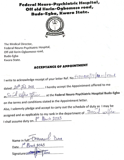 Dare's acceptance of appointment