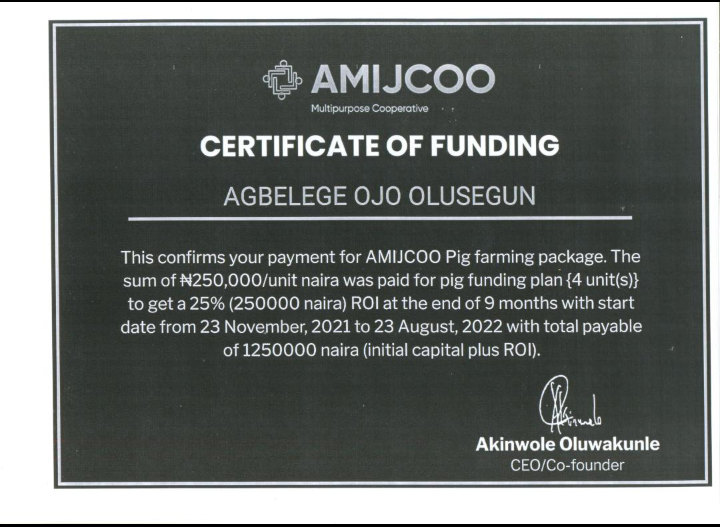 One of the Portfolio Certicifates Issued by Amijcoo
