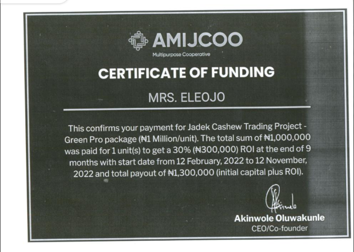 Certificate of investment from Amijcoo
