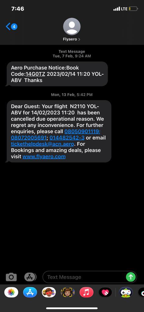 Text message from Aero Air notifying customer of flight cancellation 