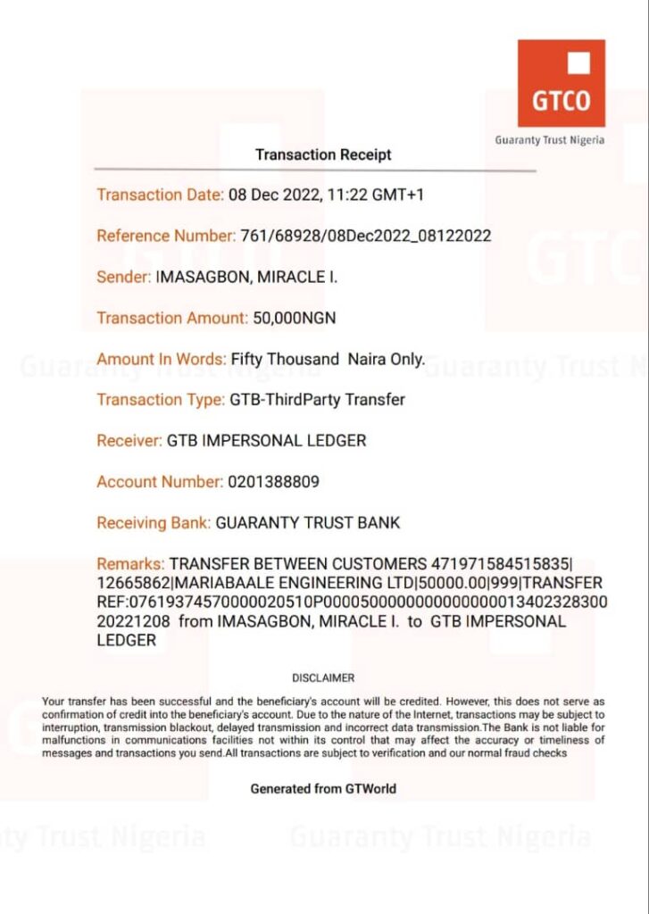 Receipt showing successful payment made by GTB customer.