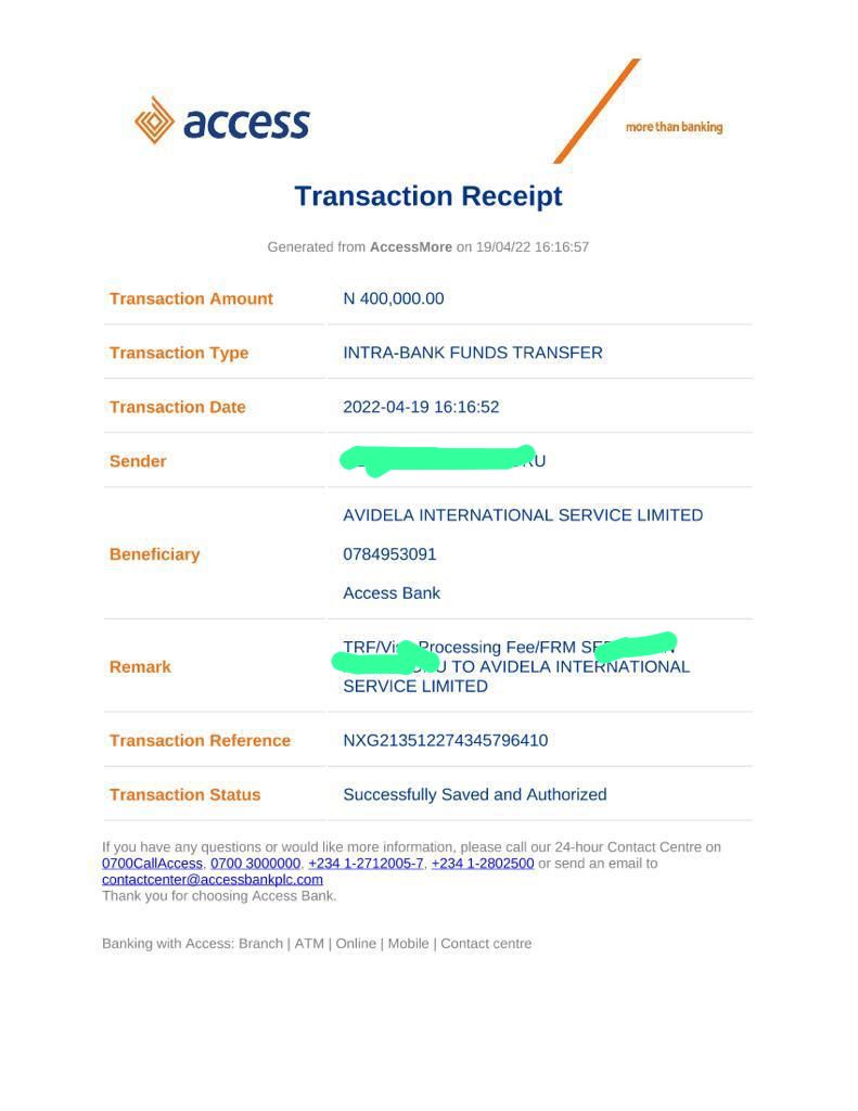 Receipt of bank transfer made to Avidela