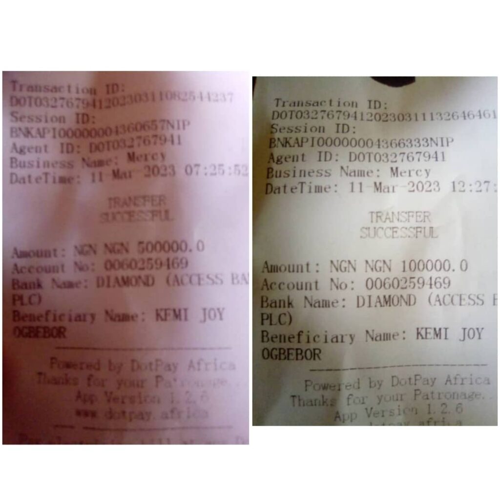 The N600,000 payment receipt