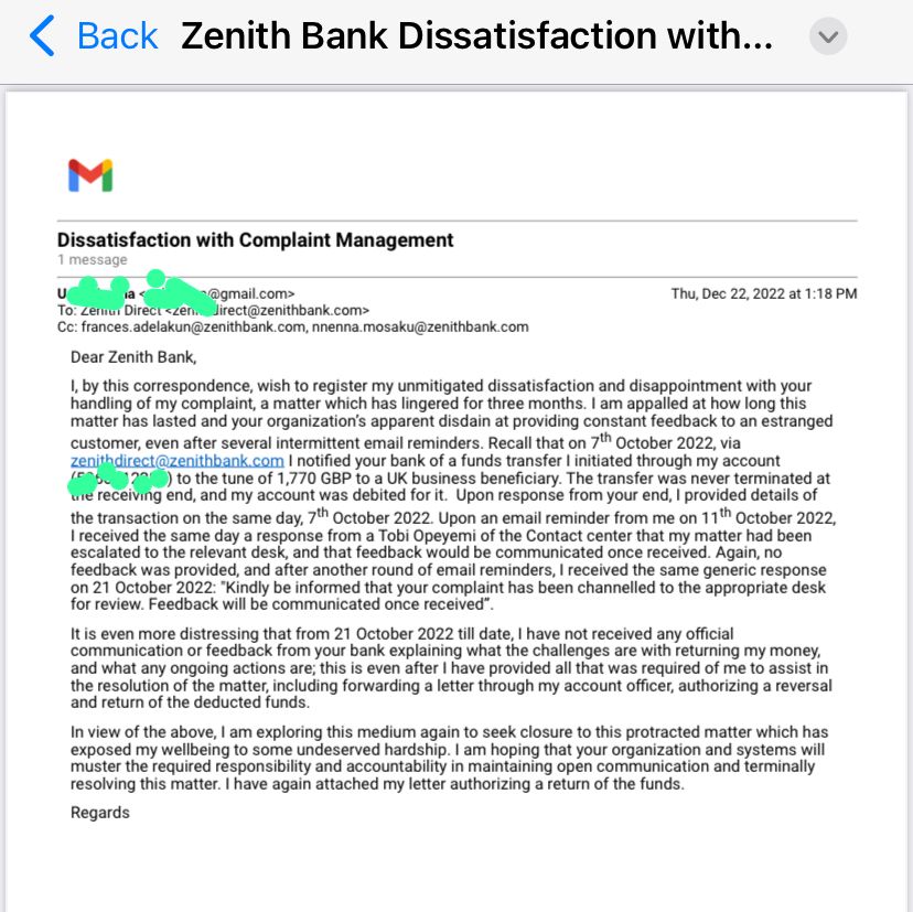 The student's email complaint to Zenith bank.