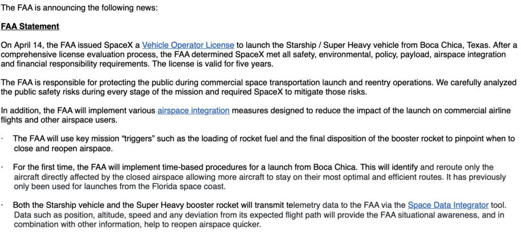 FAA statement issuing licence to launch Starship