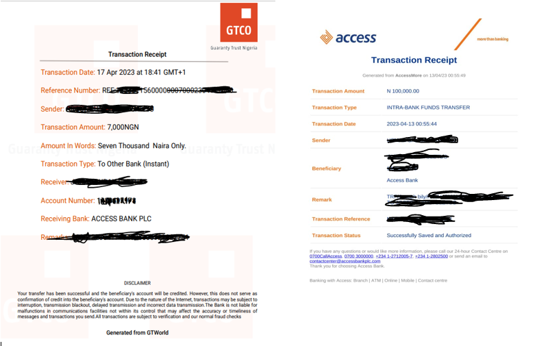 Two of the transaction receipts