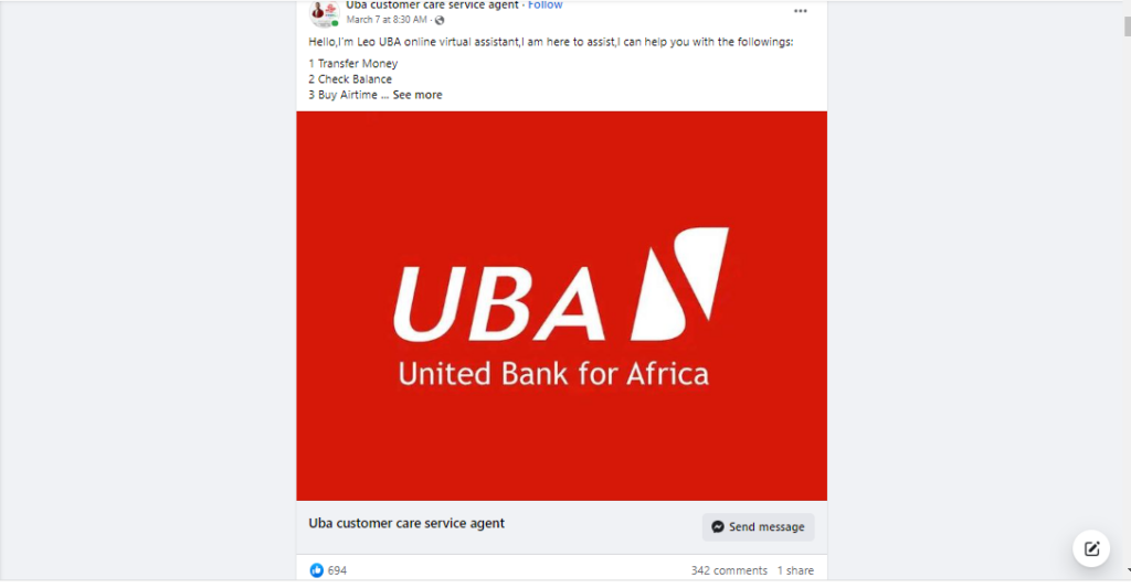 Another fake UBA Facebook page