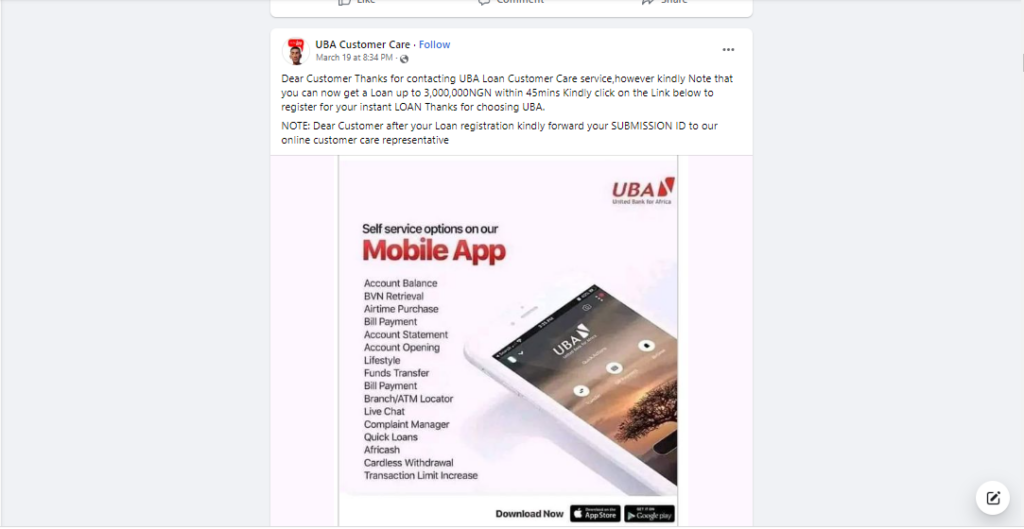 Another fake UBA facebook page