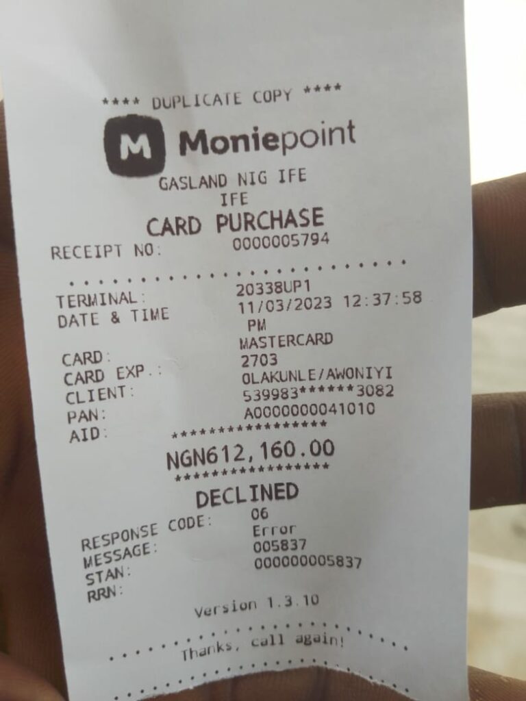 The receipt of the declined transaction 