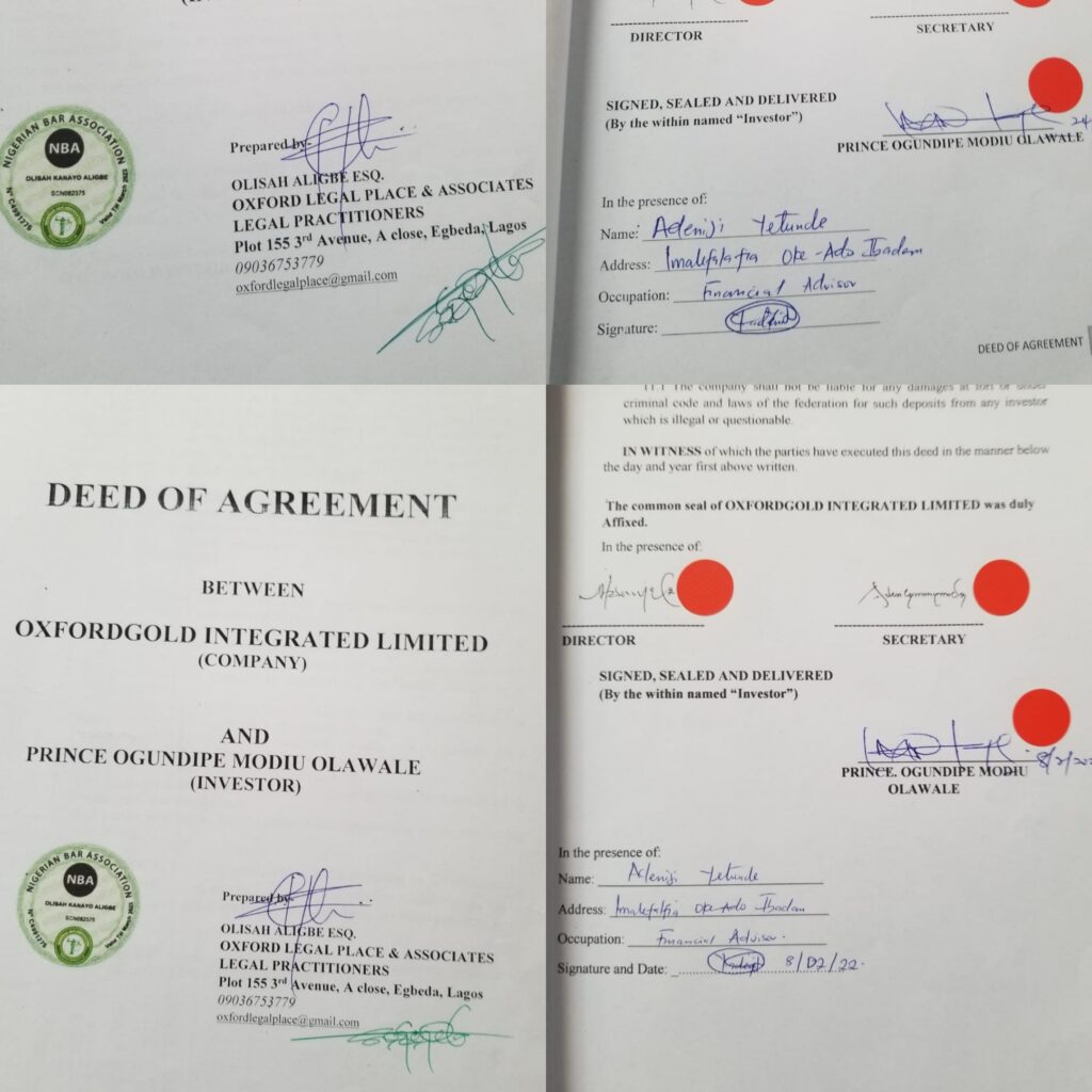 Deed of Agreement between Oxfordgold Ltd and Ogundipe