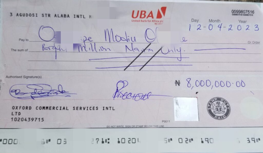 Bounced cheque issued by Oxfordgold