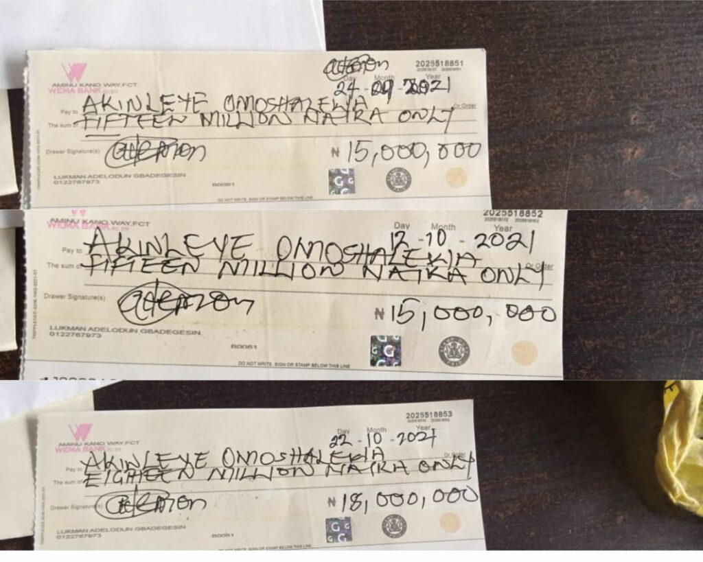 WEMA Bank cheques Gbadegesin sent to Akinleye in 2021.