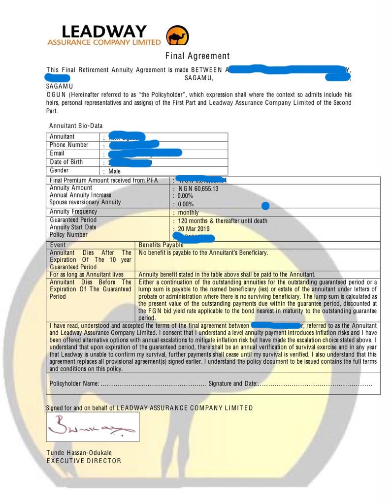 The agreement between Ade's father and Leadway